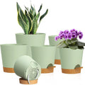 WSMKSZ 7/6.5/6/5.5/5/4 inch Self Watering Pots for Indoor Outdoor Plants, 6 Pack Plastic Flower Planters with Drainage Holes and Removable Saucers, Plant Pots with Wicking Rope, Green Brown