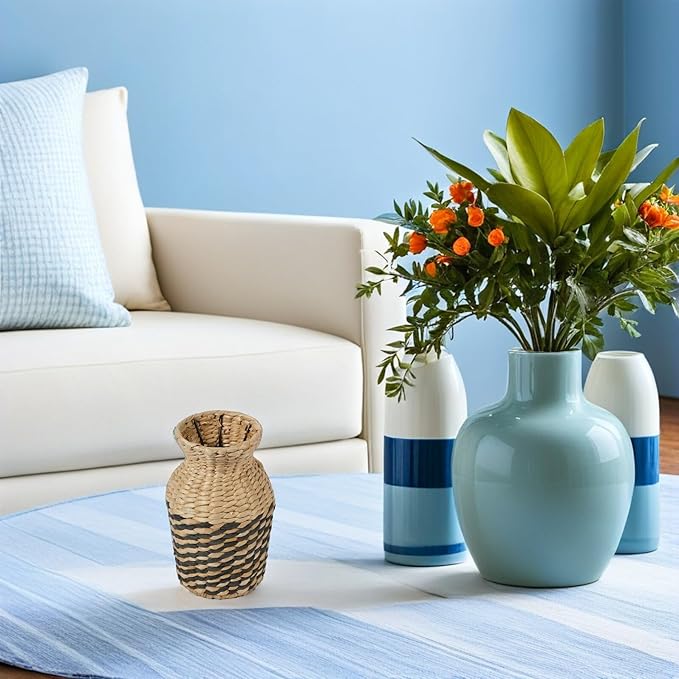 Angoily Rattan Vase 25cm Small Tabletop Woven Flower Basket Handmade Seagrass Planter for Home and Hotel Decoration