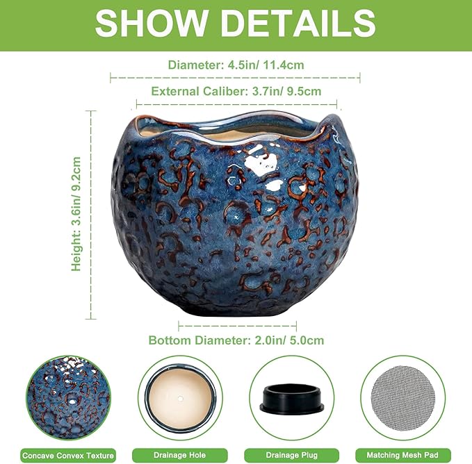 Ceramic Pots for Plants - 4 Inch Plant Pots for Indoor Outdoor, Small Planter with Drainage Hole, Unique Flower Pot, Decorative Modern Round Planter, Office Decor, Home Gifts, Retro Blue
