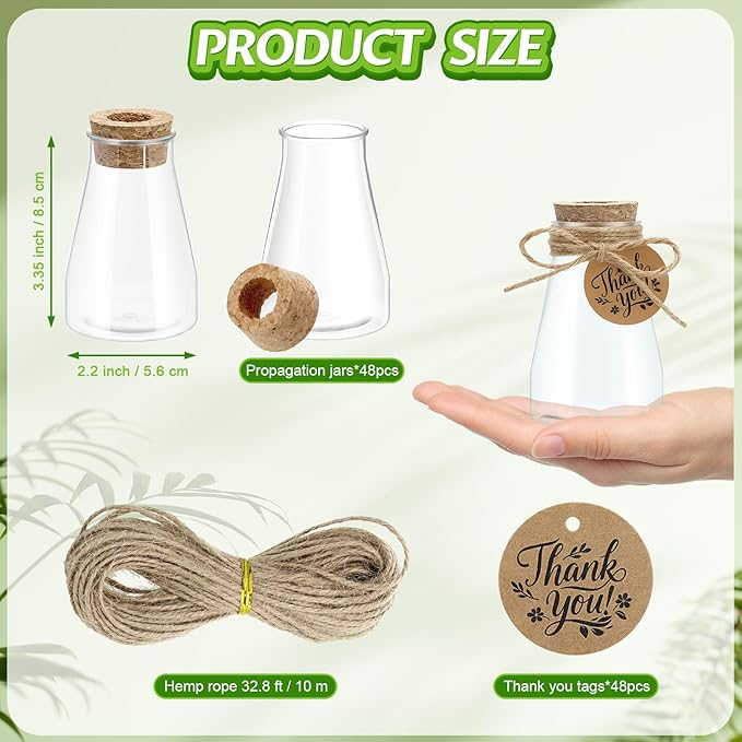 48 Pack Plant Propagation Stations, 3.35'' Plastic Propagation Jars Clear Hydroponic Small Vase Hanging Planter Tube with Cork Lid Tags Hemp Rope for Plant Lovers Women Office Home Decor Garden Gifts