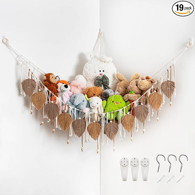 Pretty Jolly Macrame Stuffed Animal Hammock with Beads Hand Woven Leaf Tassels Corner Hanging Net Boho Plush Holder for Kid Room Nursery Deco Organizer for Girls Gift(Milkcoffee & Jute)