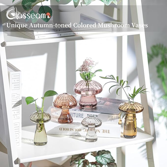 Glasseam Colored Mushroom Plant Terrarium: Glasseam Hand-Blown Glass Propagation Stations - Small Hydroponic Jars for Home Table Window Autumn Decor - Gifts for Plant Lovers (10Pcs)