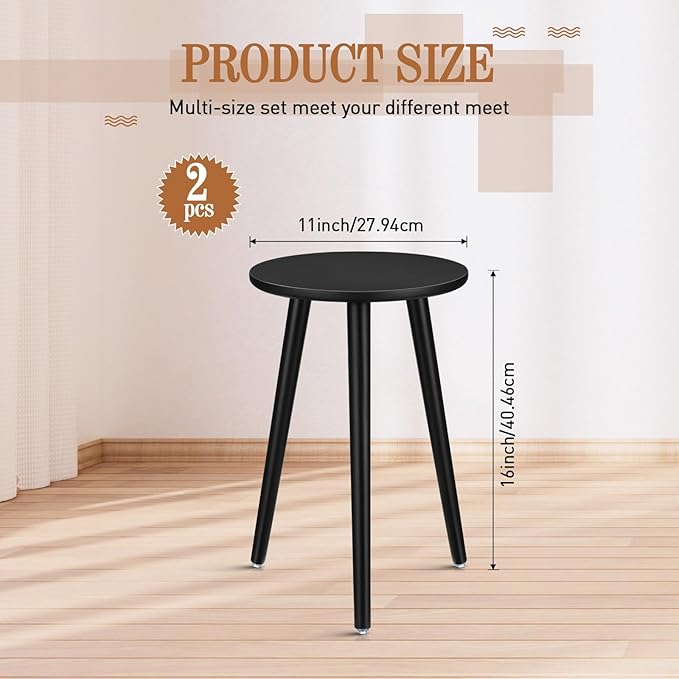 Briwooody 2 Pcs Wood Plant Stands Indoor Wooden Stool for Plants Mid Century Vintage Modern Flower Pots Holder Round Side Table End Table Plant Stools for Living Room Corner Balcony Decor(Black)