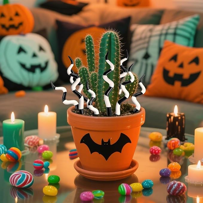 Adnee 15 Pcs Halloween Sandworm Tentacle Plant Stakes,9.5 Inch Spooky Plant Decorative Striped Stakes,Black and White Halloween Floral Picks for Indoor Outdoor Potted Plants