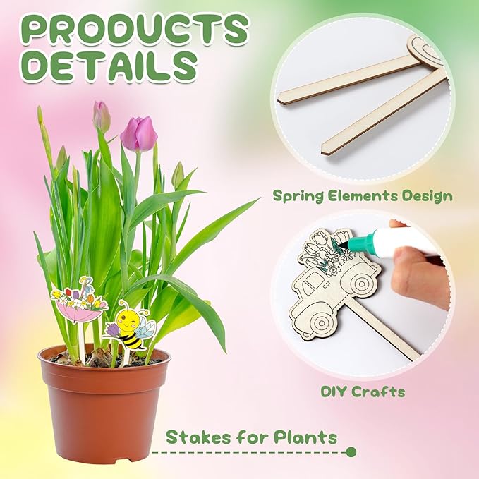 DoubleFill 15 Pcs Wooden Spring Plant Stakes Crafts Color Your Own Spring Sticks for Plant DIY Craft Kits Unfinished Wood Cutouts Butterfly Watering Can Snail Flower Shape for Gardener Gardening Gifts