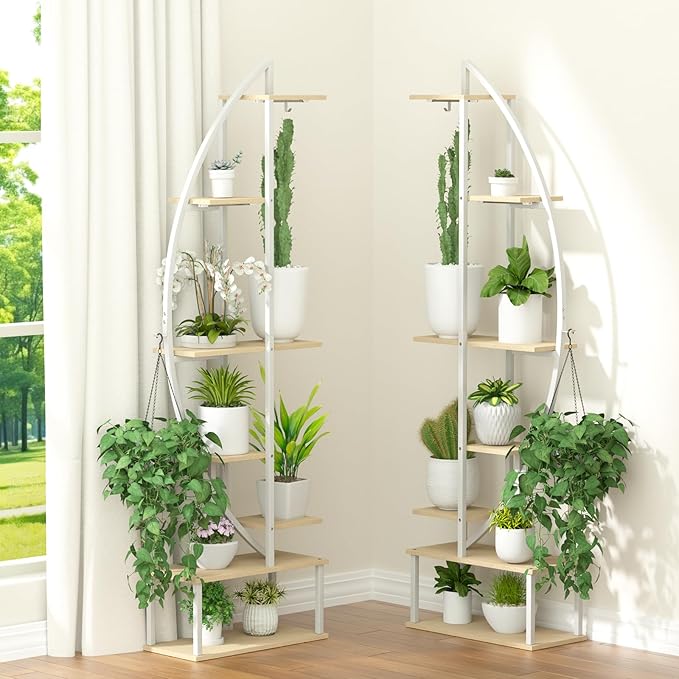 Plant Stand Shelf Indoor with 6 Grow Light, 7 Tiered 65" Tall White Large Half Moon Lighted Plant Rack Holder, 2 Pack Big High Circular Arch Multi Herb Stand with Built in LED Grow Light Set