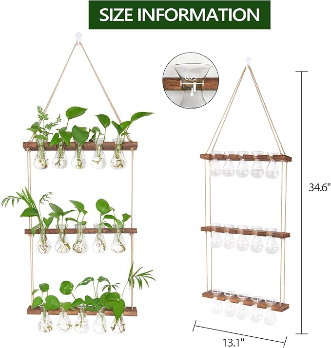 XXXFLOWER Wall Hanging Propagation Station with Wooden Stand 5 Bulb Vase 3 Tiers Planters Wall Terrarium for Home Office Plant Hanger Flower Vases Wall Decor(Brown)