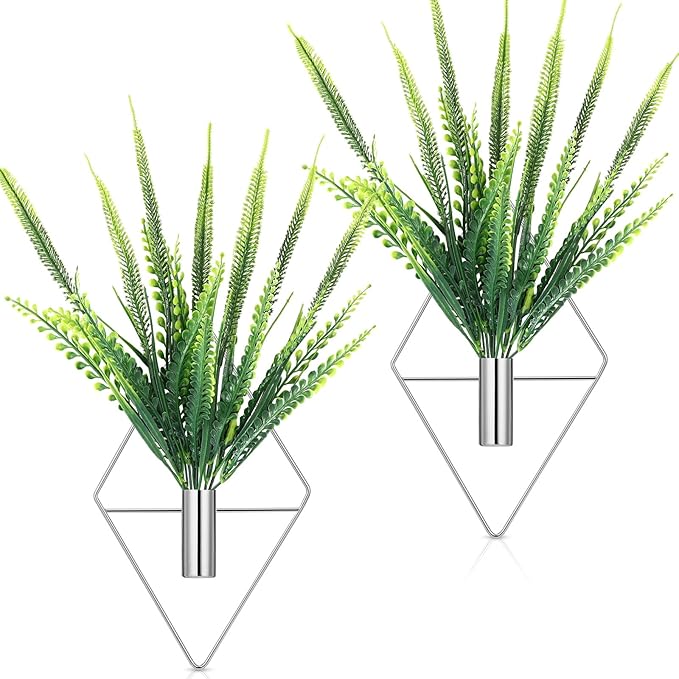 Canlierr 2 Pieces Wall Decor Hanging Planters with Artificial Plants Metal Hanging Vase Indoor Plants Holder Modern Boho Wall Art for Bathroom Bedroom Living Room Decor(Silver,Boston Fern)
