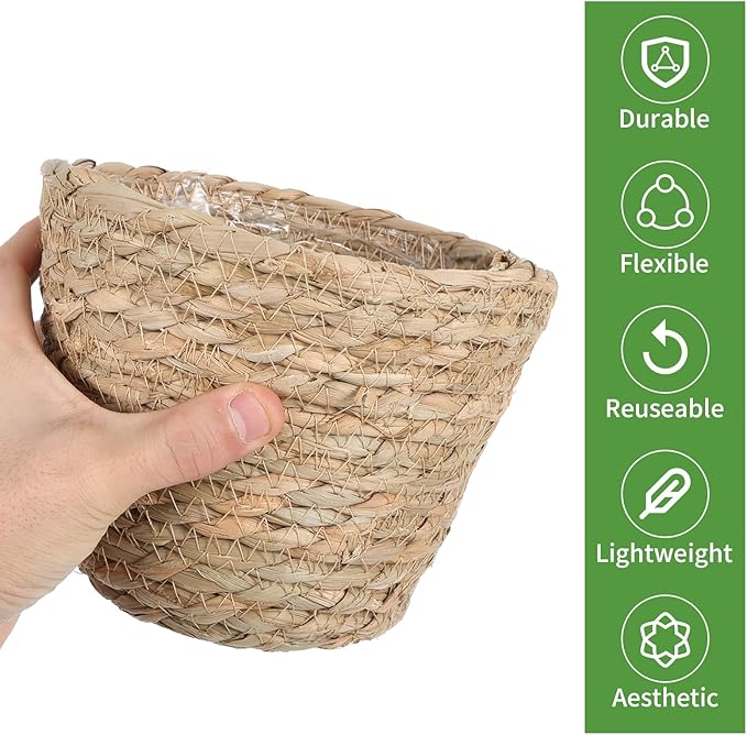10 PCS Seagrass Plant Baskets with Plastic Liners, Woven Planter Basket Set for Indoor and Outdoor Plants, Wicker Flower Pot Covers Plant Container sand Storage Baskets for Home and Farmhouse Decor