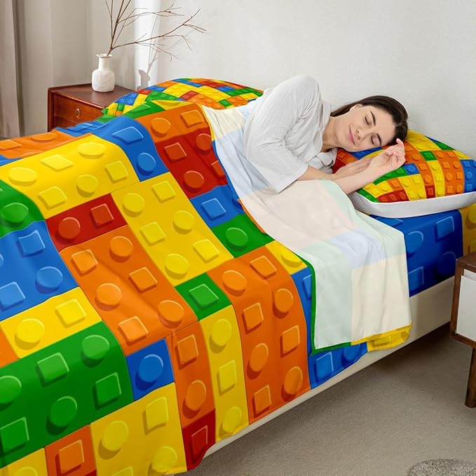 Feelyou Kids Games Bed Sheet Set King Size Color Building Blocks Sheet Set Toy Brick Sheets for Boys Girls Bedroom Nursery Bedding Set with Flat Sheet Fitted Sheet Pillowcase 4Pcs
