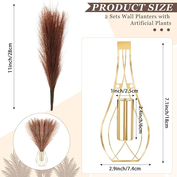Otoolling 2 Pieces Hanging Plant Wall Decor with Artificial Pampas Grass Metal Hanging Vase Modern Geometric Farmhouse Bohemian Wall Art for Living Room Bedroom Kitchen Office(Gold, Brown)