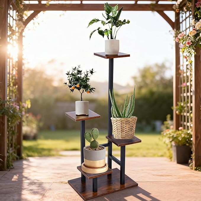 4 Tier Plant Stand for Indoor Plants, Modern Wood & Metal Flower Shelf with Wooden Shelves - Multi-Tiered Display Rack for Living Room, Balcony, Patio, Easy to Assemble Space Saver, Brown