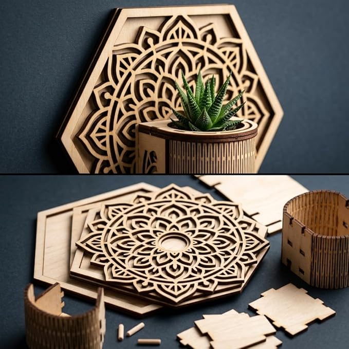 Mandala Style Hexagonal Wall Planter Set - 3D Laser-Cut Wood Vertical Garden for Succulents and Herbs - Unique Geometric Wall Decor for Indoor Plants (3pc)