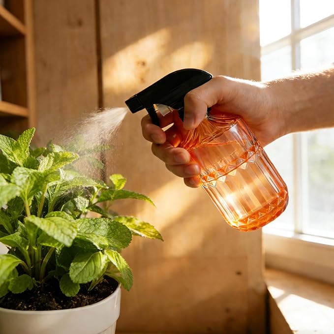 Glass Handheld Spray Bottle, 15oz Refillable Water Bottle Spray, Reusable Adjustable Nozzle Plant Mister Spray Bottles Indoor, Plant Mister for Hair, Cleaning, Gardening, Pets Care (Orange)