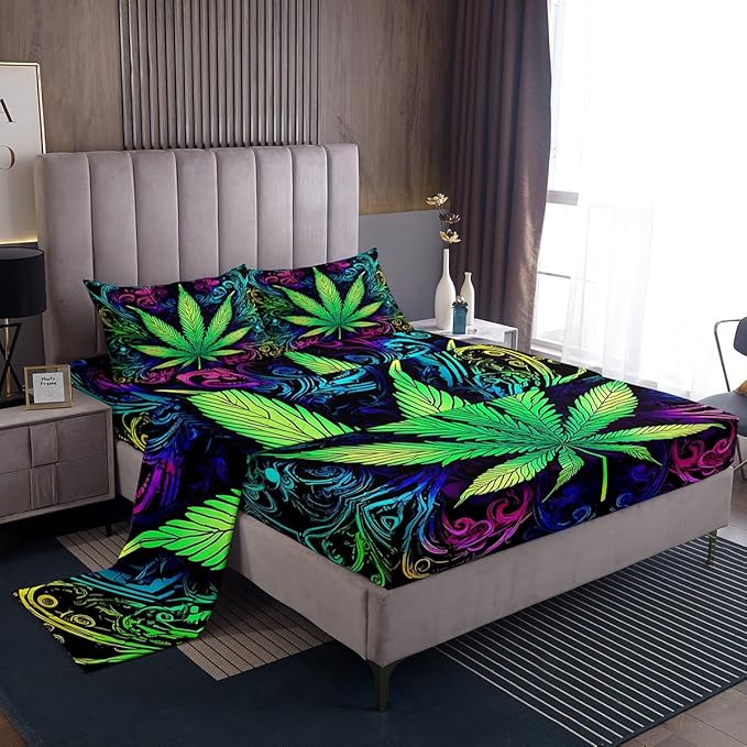 Feelyou Kid's Bed Sheet Set Queen Marijuana Sheets Set Cannabis Weed Leaf Bedding Set for Boys Girls Teens Bedroom Decor Ultra Soft Microfiber Trippy Colorful Fitted Sheet + Flat Sheet + Pillow Case