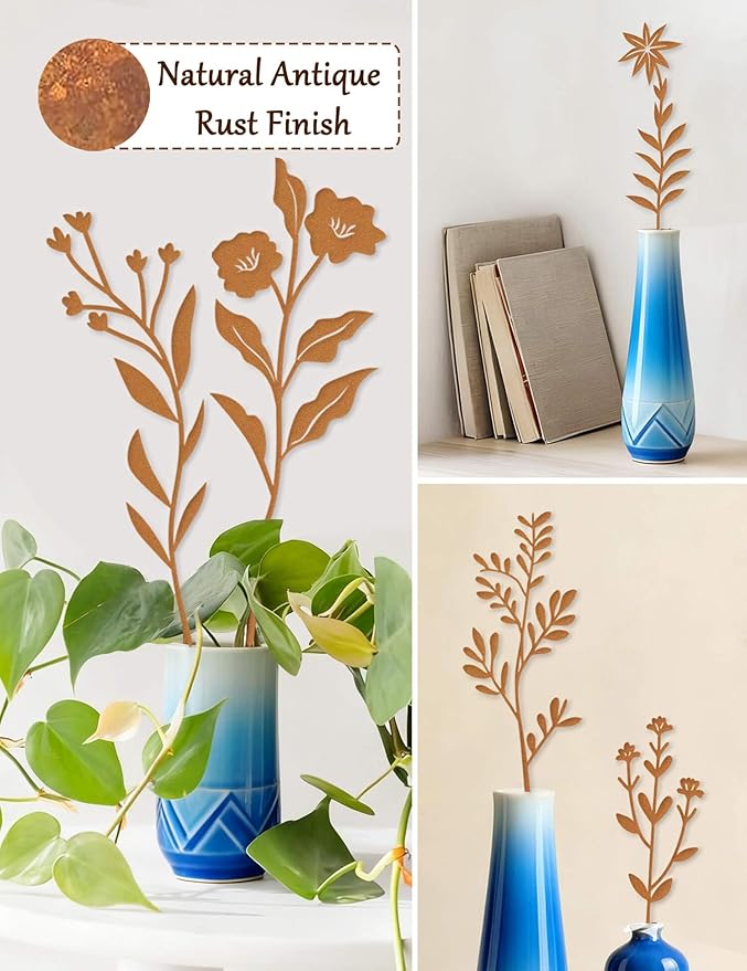 10pcs Metal Flowers for Garden - Antique Rust Finish Decorative Plant Stakes, Weathered Patina Yard Art for Outdoor Ground & Indoor Pots, Rustic Flower Bed Decor, Lawn & Patio Accents
