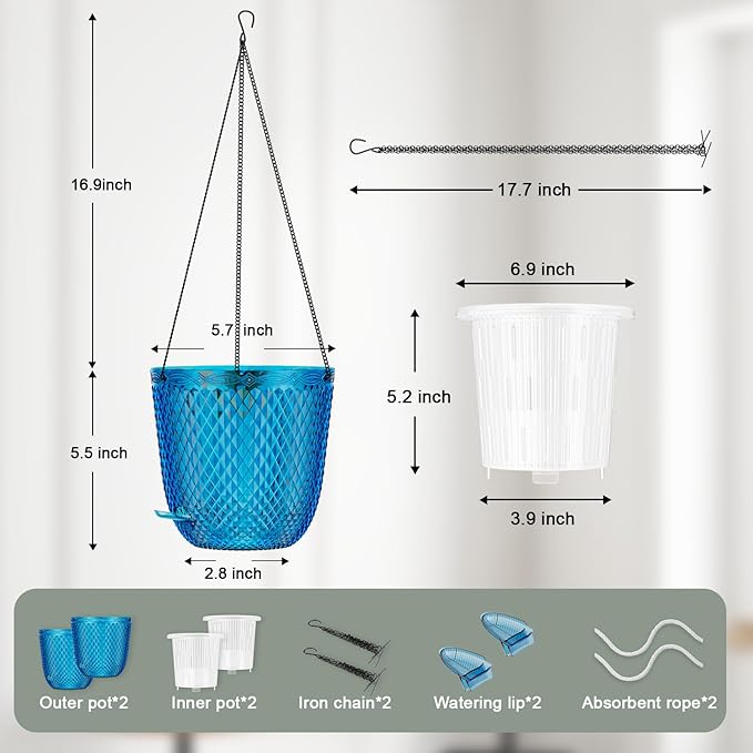 QCQHDU Hanging Planters for Indoor Plants, 2-Pack 5.7 Inch Self Watering Hanging Pots, Plastic Plant Hanger with Drainage Holes and 3 Hooks Chains for Garden Home (Klein Blue)