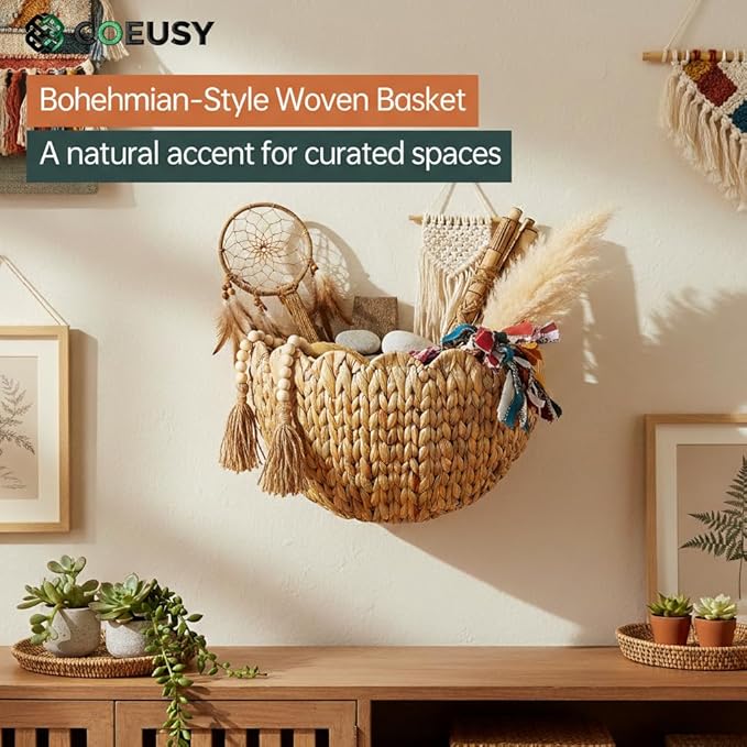 Coeusy Scalloped Wall Basket,Boho Wall Decor Basket,Big Wicker Hanging Baskets for Nursery,Door,Plants,Mail,Natural Water Hyacinth