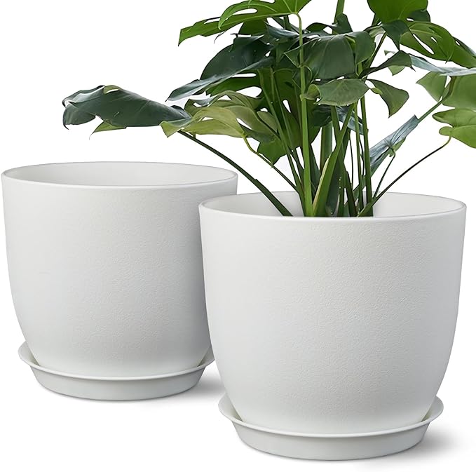 Ferlypote Plant Pots 8 Inch Set of 2, Flower Pots with Multi Mesh Drainage Holes, Planters for Indoor Outdoor Garden Plants and Flowers (White)