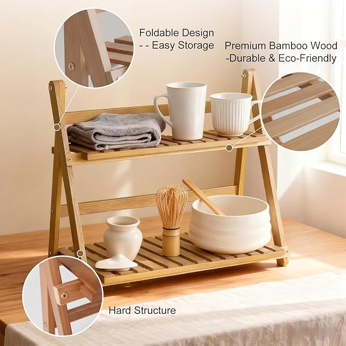 Wooden Matcha Station Shelf, 2 Tier Natural Finish Bamboo Countertop Organizer,15.7'' Coffee Station Organizer, Desktop Flower Pot Rack for Home Living Room Window Sill Foldable Display Storage Shelf