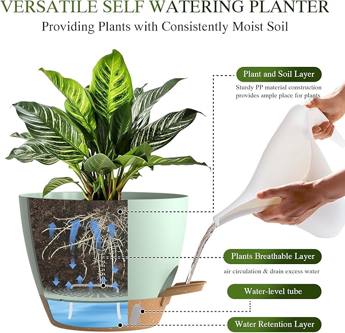 Self Watering Pots with Drainage Holes, 3 Pack 12/10/8 Inch Plant Pots with Water Level Indicator Deep Reservoir, Large Plastic Planter for Indoor Outdoor Plants - Green Brown