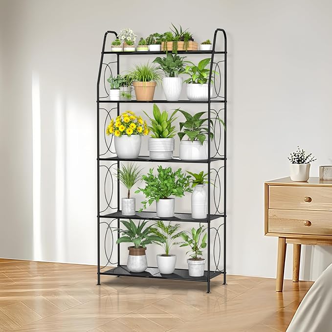 VyGrow 5 Tier Plant Stand Indoor Outdoor, Heavy Duty Plant Shelf, Metal Mesh Tall Plant Stands Holder Rack for Living Room Balcony and Garden, Black
