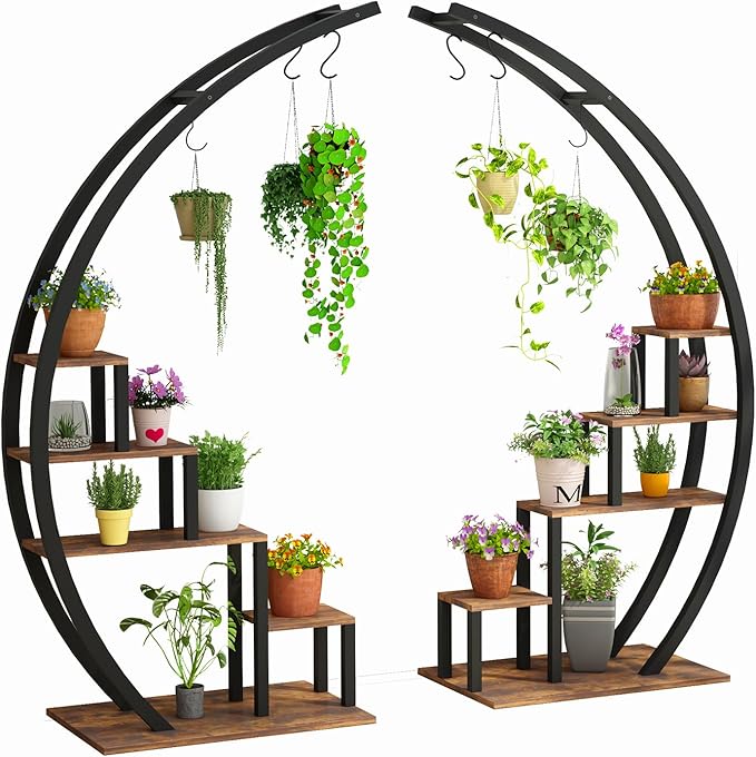 GarveeLife Plant Stand Indoor 5 Tier Tall, Metal Half Moon Plant Shelf 2 Pack, Stylish Tiered Flower Rack for Multiple Plants Display, Tall and Space-Saving Design