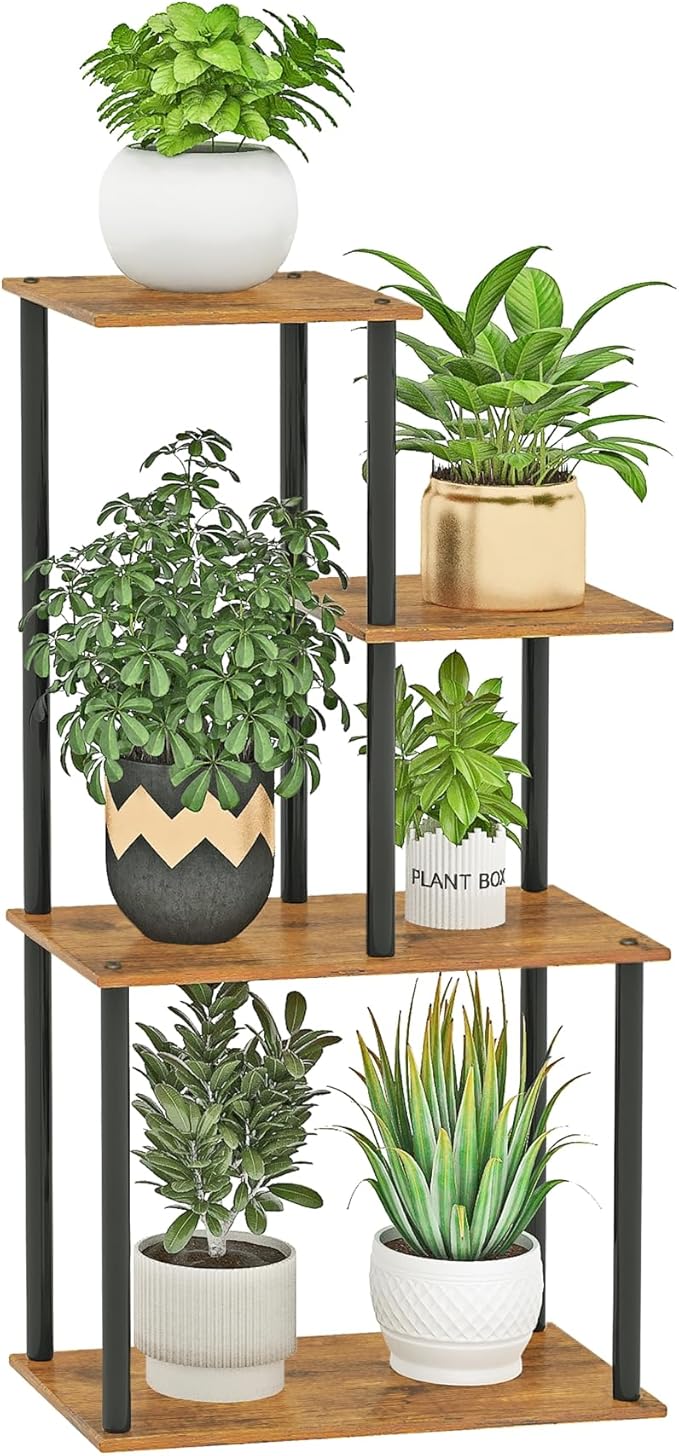 Plant Stand Indoor, 4-Tier Plant Shelf Multiple Metal Wood Flower Pot Holder for Living Room Office Balcony Patio, Rustic Brown
