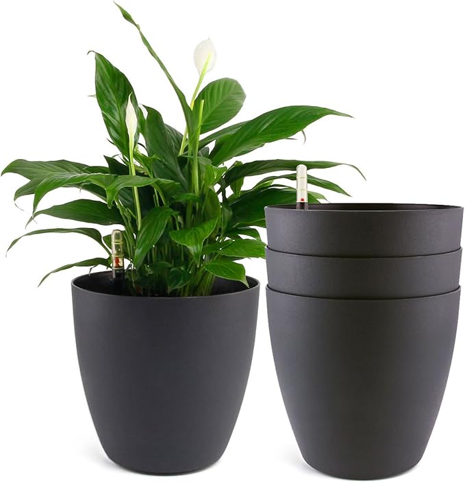 T4U 8.5 Inch Plastic Self Watering Planter with Water Level Indicator Black Set of 4, Modern Decorative Planter Pot for All House Plants, Flowers, Herbs, African Violets, Succulents