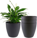 T4U 8.5 Inch Plastic Self Watering Planter with Water Level Indicator Black Set of 4, Modern Decorative Planter Pot for All House Plants, Flowers, Herbs, African Violets, Succulents