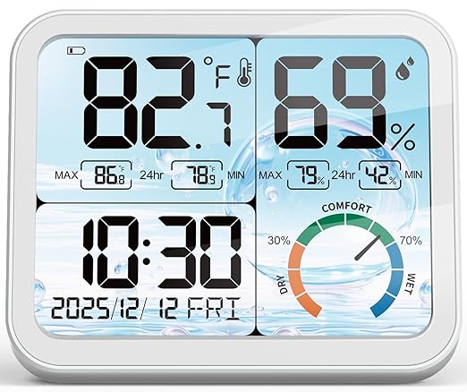 VOCOO 5.8" Large Display Indoor Thermometer Hygrometer - Backlight LCD with Comfort Indicator, Max/Min Records, Clock & Calendar, Dual Power (USB/Battery), Wall Mount or Tabletop