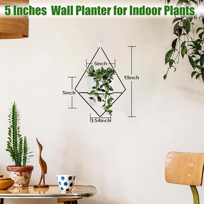 Koalaime 3 Sets Wall Planters for Indoor Plants Geometric Hanging Planters for Indoor Plants - Self-Watering Flower Pots with Black Metal Holder, Mounted Succulent Planter, 5" Black Plant Pot
