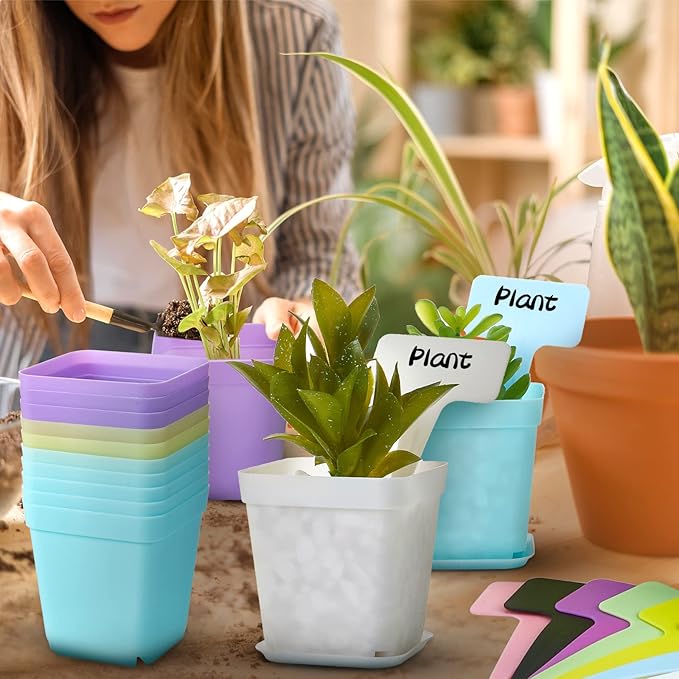 Zubebe 140 Pcs 3 Inch Plastic Plant Pots Square Seedling Nursery Pots Reusable Small Plant Pots with Saucers 140 Pcs Waterproof Plant Labels T Type Plant Tags Marking Pen for Garden Balcony Office