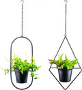 Modern Metal Hanging Planters Set of 2 - Geometric Diamond and Oval Plant Hangers with 5 inch Pots - Black Wall or Ceiling Mount Flower Holders for Indoor and Covered Outdoor Décor