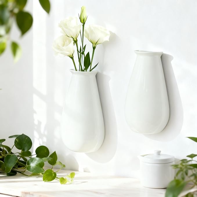 Hanging Ceramic Planters for Indoor Plants, Set of 2 Wall Mounted Planters, White Ceramic Pots for Indoors, Wall Hanging Planter for Living Room, Bedroom, Garden, Home Décor, Plant Hanger for Balcony