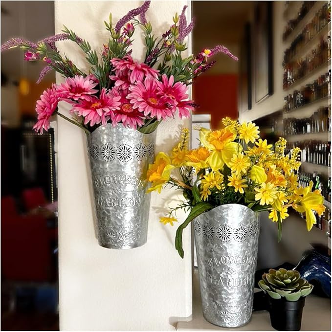 Lily's Home Set of 2 Rustic Farmhouse Galvanized Metal Wall Planters, with Floral Accents for Indoor or Outdoor Artificial Greenery. Rustic Hanging Flower Holders Wall Decor