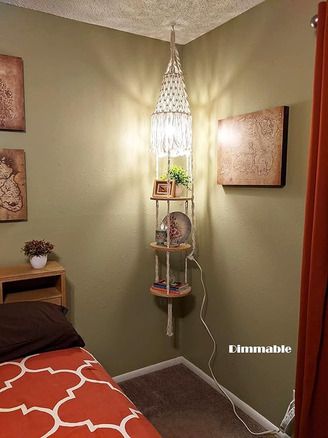 QIYIZM Boho Plug in Pendant Light Hanging Light with Plug in Cord,Dimmable Switch Hanging Lamp Macrame Lamp Shade and Plant Holder Shelf Indoor for Bohemian Decor Bedroom Corner Living Room