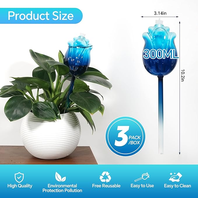 Large Plant Watering Globes Set of 3-10 oz Indoor/Outdoor Large Self Watering Globes Planter Insert, for Mother/Father/Friend/Plant Enthusiasts (Blue Rose)