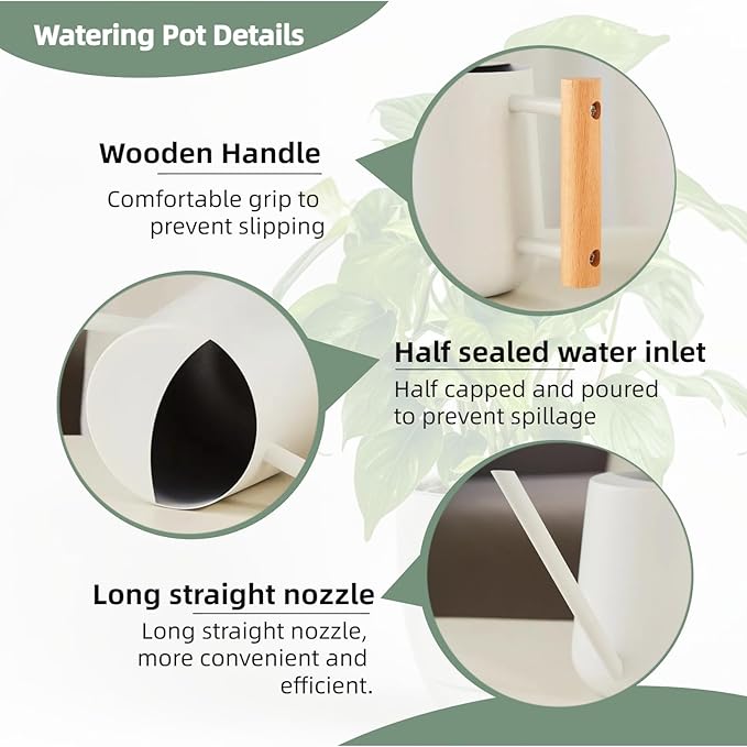 Indoor Watering Can with Long Spout, 34oz Capacity, White Metal with Wood Handle (White-Z1)