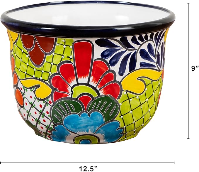 Nearly Natural Handcrafted Talavera Ceramic Planter - 9in x 12.5in, Vibrant Hand-Painted Mexican Design, Suitable for Faux and Live Plants with Drainage Hole, Colorful Home Decor, Not Food Safe