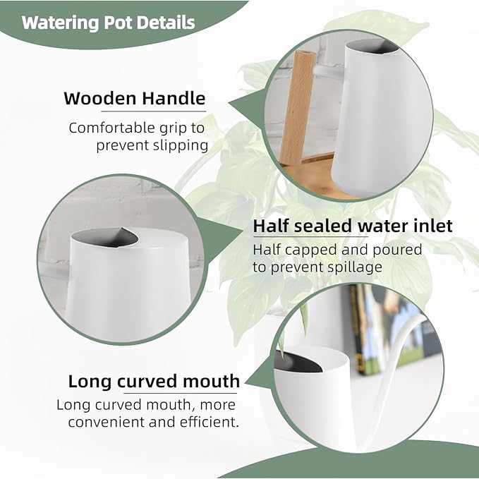 Indoor Watering Can with Long Spout, 34oz Capacity, White Metal with Wood Handle (White-W1)