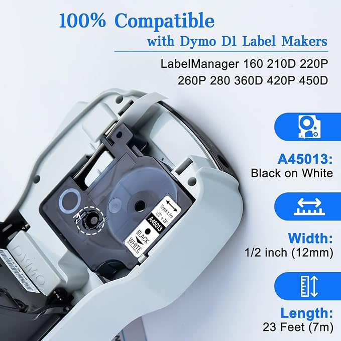 GREENCYCLE 4 Pack Compatible for DYMO D1 45013 S0720530 Label Maker Tape 45013s A45013 Black on White 1/2" (12mm) x 23ft (7m) for DYMO LabelManager 160 210D 260P 280 360D 420P PnP 220P 260P 500TS