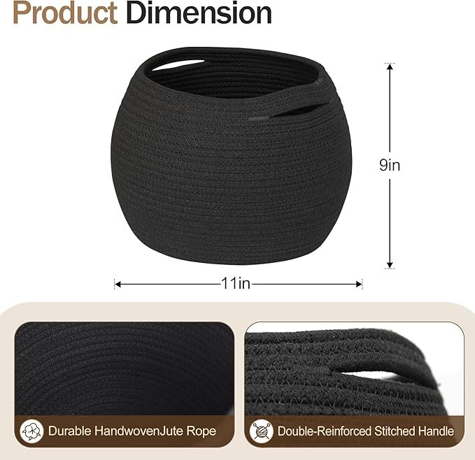 MEGASKET Black Woven Storage Basket, 11" x 9" Indoor Plant Basket for Decor, Decorative Small Cotton Rope Bin for Organizing Pet Toy, Gifts, Towel, Cloth, Socks, Wicker Planter Holder, Modern Shoe Bin