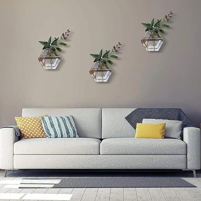 4 Pack Hanging Wall Mounted Glass Fish Bowl, Hexagonal Clear Betta Tank Fish Bubble Flower Pot Vase, Wall Hanging Terrarium Plant Propagation Stations for Hydroponics Plants Home Decor