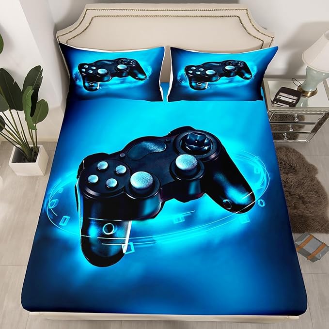 Feelyou Gamer Bedding Set Full Size for Boys Kids Bed Sheet Set Gaming Video Game Sheets Set Lightweight Breathable Men Teens Game Room Decor Sheet, 1 Fitted Sheet + 1 Flat Sheet + 2 Pillow Case