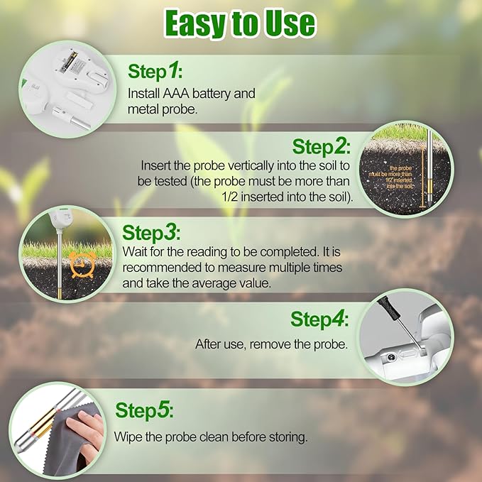 SPECILITE 6-in-1 Soil Tester, Digital Soil Moisture Meter/PH Meter/Sunlight/Temperature/Fertility Monitor with 2 Removable Probe, Dual Screen Soil Test Kit for Gardening, Lawn, Indoor & Outdoor Plant