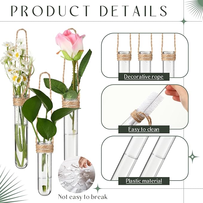 Baderke 12 Pack Wall Hanging Propagation Station Plastic Test Tubes Planters Wall Terrarium for Home Office Plant Hanger Flower Vases Hydroponic Cuttings Office Garden Flowers Walls Decor Lover Gift