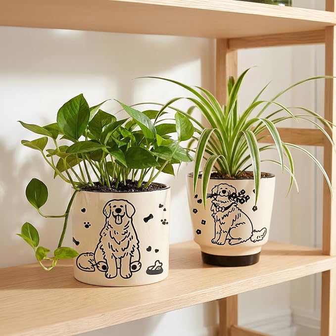 STHIE Ceramic Flower Pots with Drainage Holes, 5 inch Ceramic pots for Plants, Cute Round Flower Planters for Snake Plant, Hand-Painted Garden Pots (Sitting Dog)