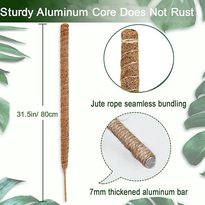 Moss Pole, 31.5" Bendable Moss Pole for Plants Monstera, Tall Moss Poles for Climbing Plants Indoor DIY, Coir Plant Pole Sticks Support Stakes for Potted Plants, Pothos, Philodendron,2 Pack