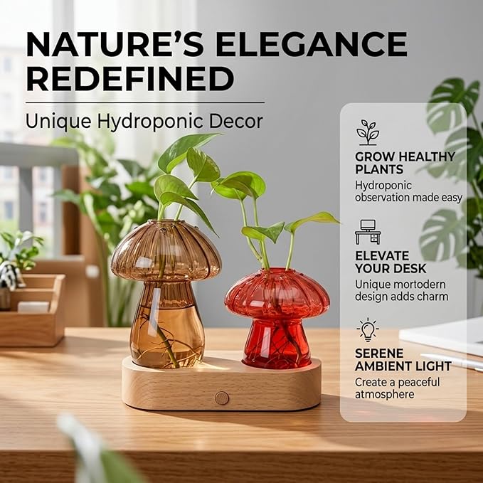 Propagation Vases,Mushroom Glass Propagation Stations with Stepless Dimming Function for Home Office Decor,Lighted Hydroponic Planter Jars Valentines Day Gifts for Mom Women Plant Lovers